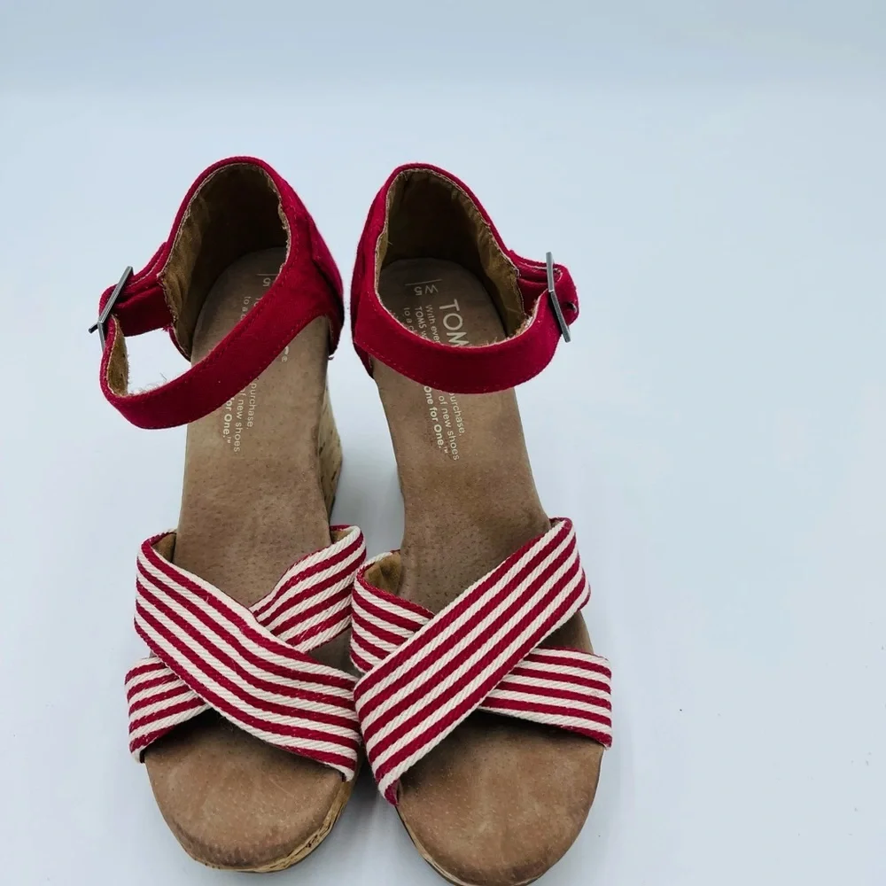 TOMS Multi Strap Red Striped Cork Wedges